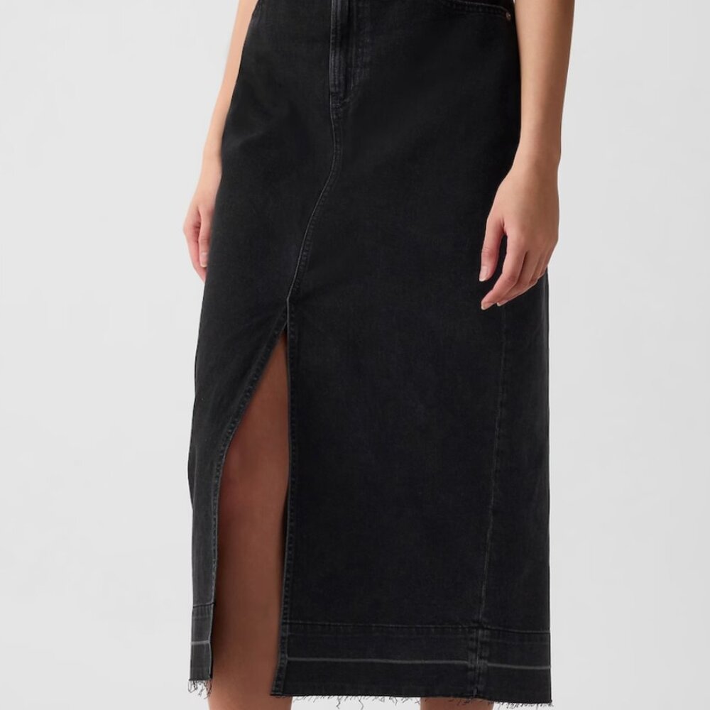Raw hem denim midi skirt